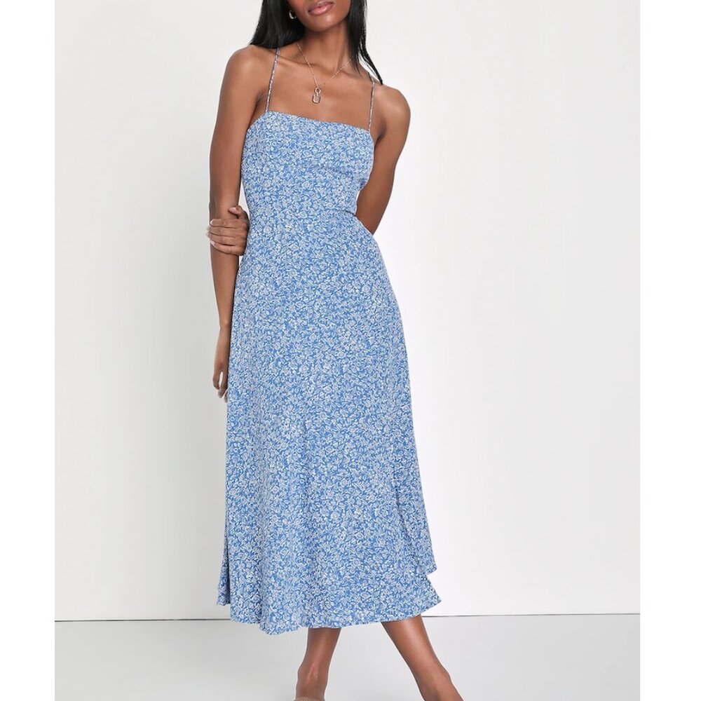 Lulus Charming Dedication Blue Floral Sleeveless Lace-Up Midi Dress